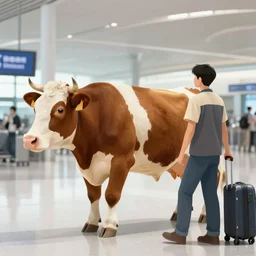 human cow mix man at the airport