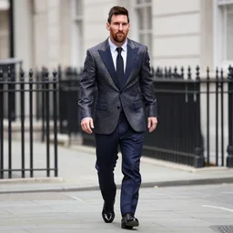 leonel messi walking down the street in 1 8 0 0 s london wearing a beautiful man suit, highly detailed,