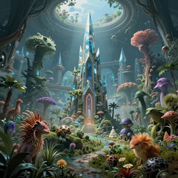 internal Cristal City in the internal earth with lots of vegetation and beautiful strange animals. by steven spielberg, epic composition, sci-fi, intricate, elegant, highly detailed, digital painting, sharp focus