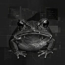 toad head, ryuta ueda artwork, breakcore, technical, abstract, ripping, computers, vectors, gloom, dimensions, tears, subtle glitches, frogs, amphibians, geometry, data, minimal, code, cybernetic, album cover, dark, eerie, cyber