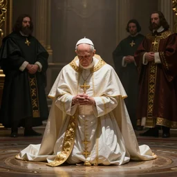 kneeling before the pope, royal robe, gold trim, light effect, hyper detailed, intricate, mysticism, atmospheric, elegant, photorealistic by michael komarck, greg rutkowski, victo ngai, artgerm, willem claesz heda and j. dickenson