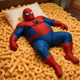 morbidly obese spiderman laying on a giant bed of cheetos, 7 0 mm, super high resolution, award winning