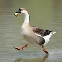 a running goose carrying a golden bell in its beak