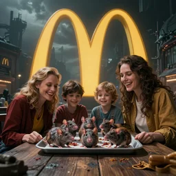 dystopian Lovecraftian McDonalds advertisement showing a smiling family being served a tray of rats