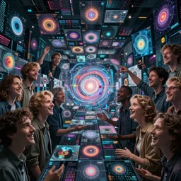 cinematic shot epic group happy humans, hyper realistic, mood lighting, fantasy, detailed infinity matrix of digital images, supercomputers text to images, beautiful singularities, highly detailed, super realistic, perfect lighting pixel sorting, style sheet