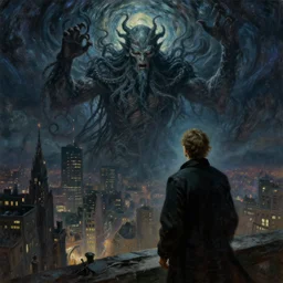 man is seeing old god cthulhu terrifying the night sky of a city, epic scene oil painting hyper - detailed realistic dark - art painted by van gogh