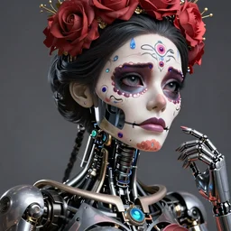 beautiful crying mechanical female android!, intricate, elegant, super highly detailed, professional digital painting, ( el dia los muertos ), concept art, smooth, sharp focus, unreal engine 5, photorealism, hd, 8 k, beautiful, cinematic, art by artgerm, moebius, rutkowski, mucha, loish, wlop