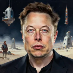 Portrait of Elon Musk in a desolate space colony, by Anna Dittmann and Ilya Kuvshinov, Nikolay Makovsky, fantasy, high detail, elegant, digital painting, WLOP, natural light, vibrant, intricate, textured skin, highly detailed, artstation, sharp, focus, illustration, Nikolay Makovsky