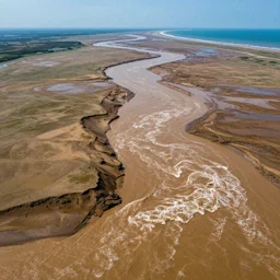 wide angle shot of muddy river delta leading to sea by hiroshi yoshida, roger deakins, turner, rothko, hyperrealism, turbulent alien vivid landscape, matte painting, top view, trending on artstation, 8 k high detail concept art, rendered in octane