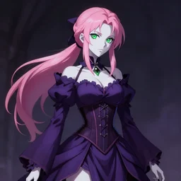 hd anime portrait of beautiful necromancer, gloomy purple dress, corset, face details, pink hair, ponytail, white skin, green eyes, posing, high fantasy, highly detailed, sharp focus, smooth, digital illustration, by rossdraws, artgerm, wlop