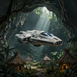 an intricate concept art of a human starship landing on an open cave in middle of a rainforest amazon with alien tribe huts, gloomy, sci - fi art, star wars concept environment, cinematic lighting, artstation, art by tony sart,