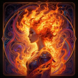 side profile centered painted portrait, woman fire elemental, burning hair, D&D, Gloomhaven, matte painting concept art, art nouveau, beautifully backlit, swirly vibrant color lines, fantastically gaudy, aesthetic octane render, 8K HD Resolution, by ilya kuvshinov and Cushart Krentz and Gilleard James