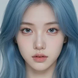 a pale girl with blue hair, soft facial features, looking directly at the camera, neutral expression, extreme close up, instagram picture
