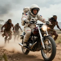american astronaut driving a motorcycle, tribe members chasing, action scene, an epic fantasy, dramatic lighting, cinematic, establishing shot, extremely high detail, photorealistic, cinematic lighting, artstation, octane render, by simon stalenhag, horizon forbidden west