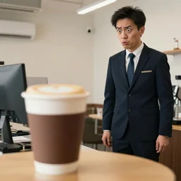 **a 10 meter tall cup of coffee lookin at the 2 meter tall employee crazy**