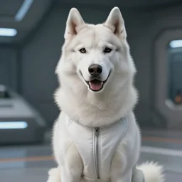 film still of an anthropomorphic upright white vested husky in a white vest wearing a white vest in the new sci - fi movie, 8 k