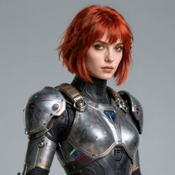 a woman wearing futuristic armor, redhead, short hair, digital art, extremely detailed