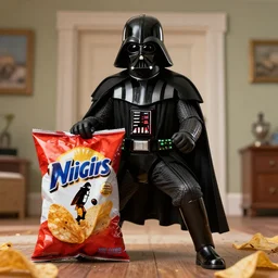 Darth vader wrestling a bag of chips in front of his home, 8k