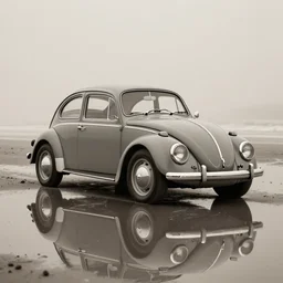sepia gray volkswagen beetle 2 0 2 2, beach, reflection, foggy, hyper - realism, 8 k rendering