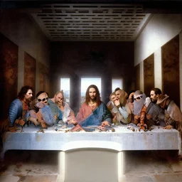 the vampires from the show What we do in the shadows in the painting of the last supper by Leonard Da Vinci , photograph, ultrarealistic