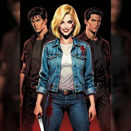 Rafael Albuquerque comic cover art, loish, Sam yang, artgerm, Ross tran,  pretty female Alison Brie serial killer holding bloody knife, blood on clothes and face, sarcastic smile, symmetrical eyes, symmetrical face, full body, jean jacket, jeans, short blonde hair, middle shot, highly saturated, deep blacks