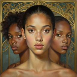 a streamline moderne, art nouveau, multi - ethnic and multi - racial portrait in the style of charlie bowater, and in the style of donato giancola, and in the style of charles dulac. clear, expressive, very large eyes. symmetry, centered, ultrasharp focus, dramatic lighting, photorealistic digital painting, elegant, intricately detailed background.