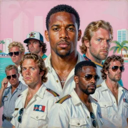 an oil painting portrait of crockett and tubbs in eighties miami vice, ultra realistic, highly detailed faces, true life, 8 k, masterpiece, cinematic by frank frazetta, greg rutkowski, beeple, yoko taro, christian macnevin, beeple, wlop, krenz cushart, epic character art, volumetric lighting, pink white turquoise