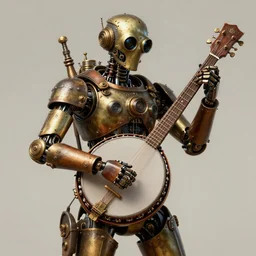 a detailed, ultra realistic illustration of a steampunk robot holding a banjo