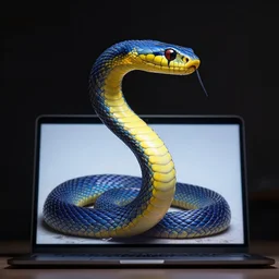 a blue yellow snake, below a laptop screen, head lightened by dim screen light, dark room, hyperdetailed, art by greg rutkowski