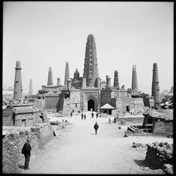 old photograph from a acient alient city, black and white