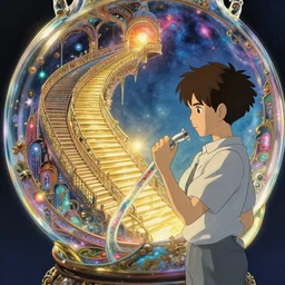 boy enjoying a glimmering glass pipe containing the majestic stairways to otherworldly galaxies, high intricate details, rule of thirds, golden ratio, cinematic light, 8 k, octane render, anime style, graphic novel by fiona staples and dustin nguyen, art by beaststars and orange, peter elson, alan bean, studio ghibli, makoto shinkai