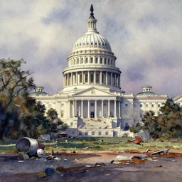 watercolor painting of washington dc, dilapidated, run down, trashy ambient lighting and shadows, art by anders zorn, wonderful masterpiece by greg rutkowski, cinematic light, american romanticism by greg manchess, creation by tyler edlin