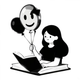 book illustration of a girl holding emoji balloons, book illustration, monochromatic, white background, black and white image