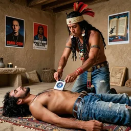 nostalgic 2000s Aztec cyberpunk ritual, shaman wearing JNCO jeans rips an iPod from the sacrificial victim's chest, Eminem posters on the walls of the adobe temple, history textbook illustration