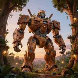 giant wooden mecha building futuristic giant wooden tree trunk buildings, organic wooded self growing building, solarpunk, organic bioluminescent street lights, forest canopy understory, cinematic lighting, sunset, octane render, 3 d pixar disney digital cgi rtx hdr painting, highly detailed, artstation cgsociety masterpiece, by syd mead, greg rutkowski, wlop, artger