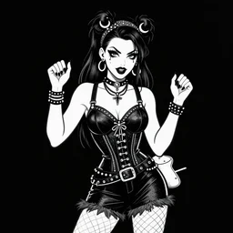 goth girl burlesque psychobilly punk with a black background, drawing, illustration