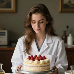 a cake figuring a girl in a lab coat, food photography