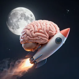 a human brain riding a rocket with the moon in background, stock photo, realistic 3 d render