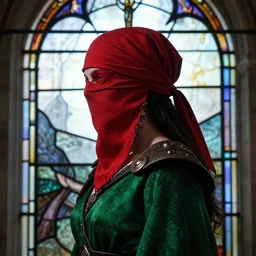 side - view portrait of the iorveth, scoia'tael leader, red cap, red bandana covering one eye, green clothes, gothic stained glass window, very masterful