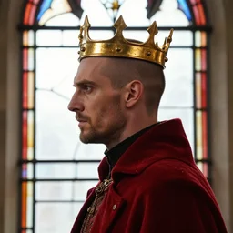 detailed and clear side - view portrait of an evil man, crowned, wearing a small and simple crown, golden crown, buzzcut, stubble, red coat, medieval stained glass window, masterful, backlit