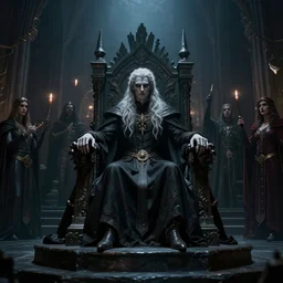 Elric of Melnibone seated on his throne, surrounded by his court celebrating a party, symmetrical, gloomy and eery, by Boris Vallejo