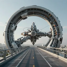 view from of an orbital bridge, curved, futuristic, mechanical, alive, technological, utopia, highly intricate, art by Tom Bagshaw