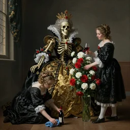 one big skeleton Queen, France, wine, one girl cleaning on the floor, one girl arranging flowers, red and white flowers, baroque, Dutch masters