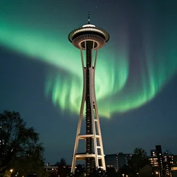 photorealistic beautiful aurora over seattle space needle long exposure film