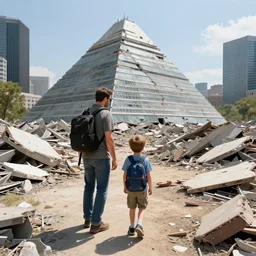 father and son exploring destroyed pentagon, debris, sunny day, hyperdetailed, artstation, cgsociety, 8 k