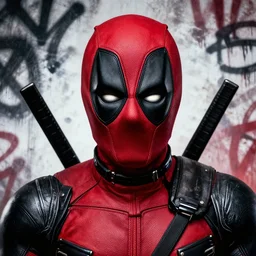 highly detailed closeup portrait of a cyborg carnage symbiote in deadpool suit with carnages face, fletches teeth by atey ghailan, by greg rutkowski, by greg tocchini, by james gilleard, by joe fenton, by kaethe butcher, gradient in red, black, crimson and white color scheme, grunge!!! aesthetic!!! black graffiti tag wall background
