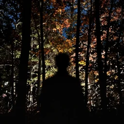 iphone flash photo of a dark silhouette hiding behind trees in an autumn night forest