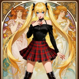 absolutely beautiful art of an evil gyaru model with long blonde pigtails, a black top, a red plaid skirt, and knee high boots, expressive blue eyes, long red nails, japanese, villianess, art by artgerm, greg rutkowski, cyrine, alphonse mucha, beautiful colors and lighting, photorealistic digital art