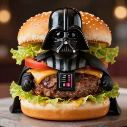 A realistic photo of Darth Vader dressed as a burger