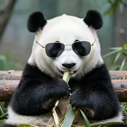 adorable panda cub wearing mirrored sunglasses eating bamboo at the chengdu panda base exhibit, national geographic style